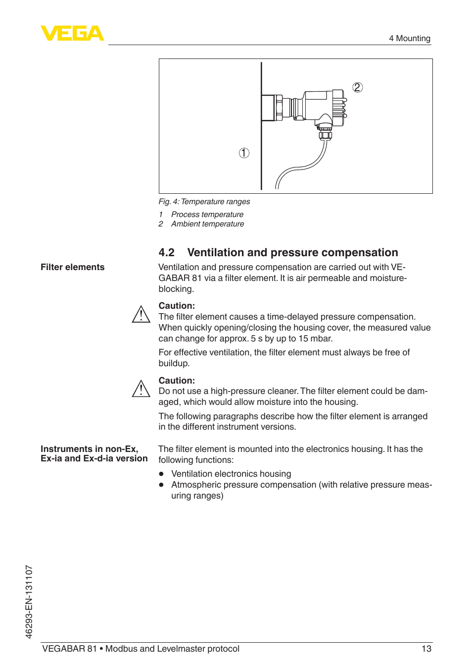 2 ventilation and pressure compensation | VEGA VEGABAR 81 Modbus and Levelmaster protocol - Operating Instructions User Manual | Page 13 / 92