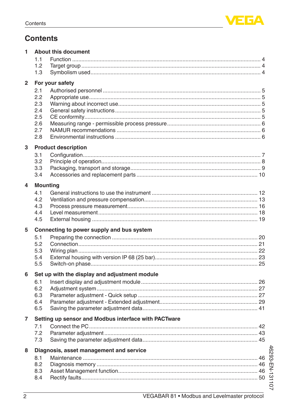 VEGA VEGABAR 81 Modbus and Levelmaster protocol - Operating Instructions User Manual | Page 2 / 92