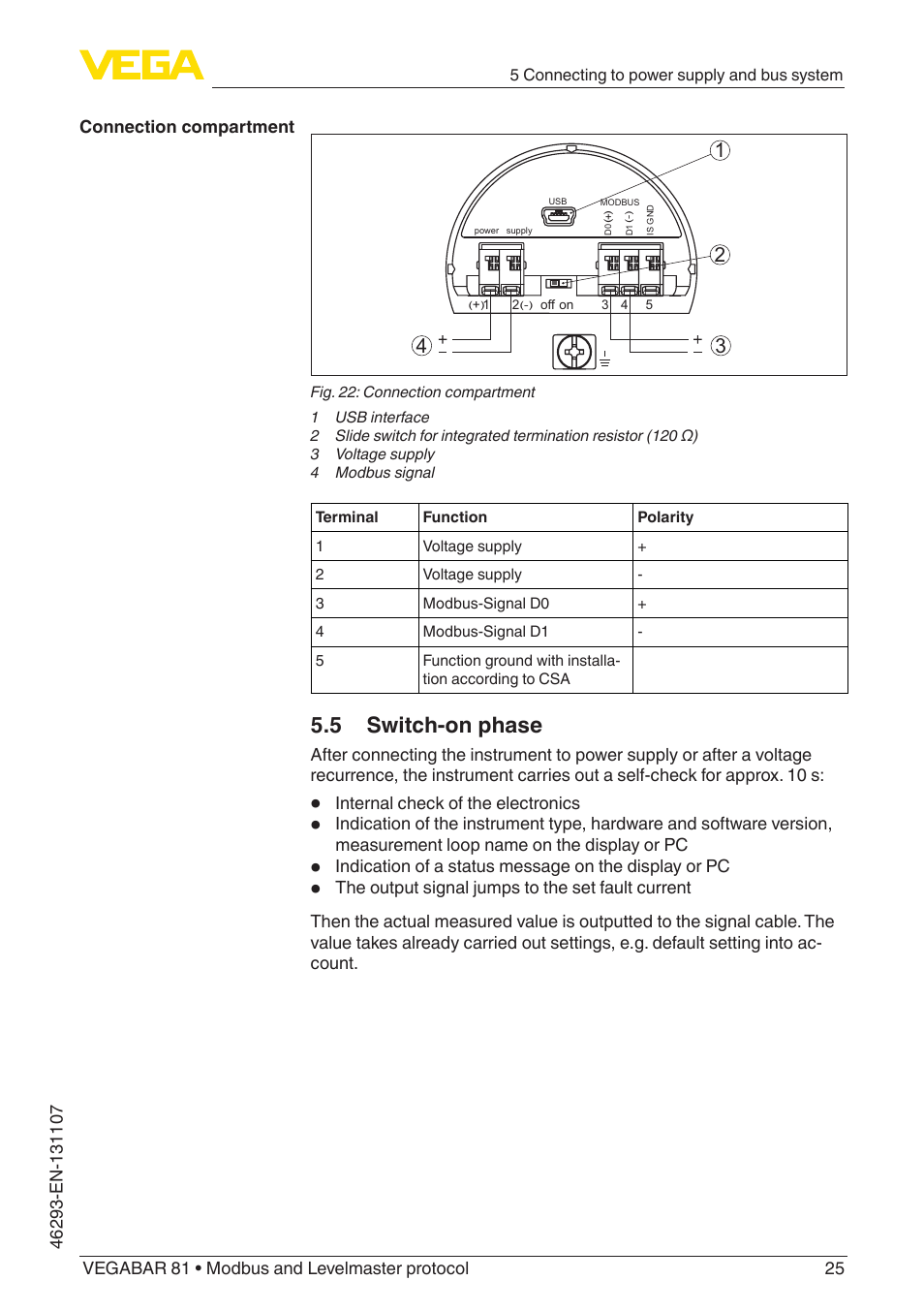 5 switch-on phase | VEGA VEGABAR 81 Modbus and Levelmaster protocol - Operating Instructions User Manual | Page 25 / 92