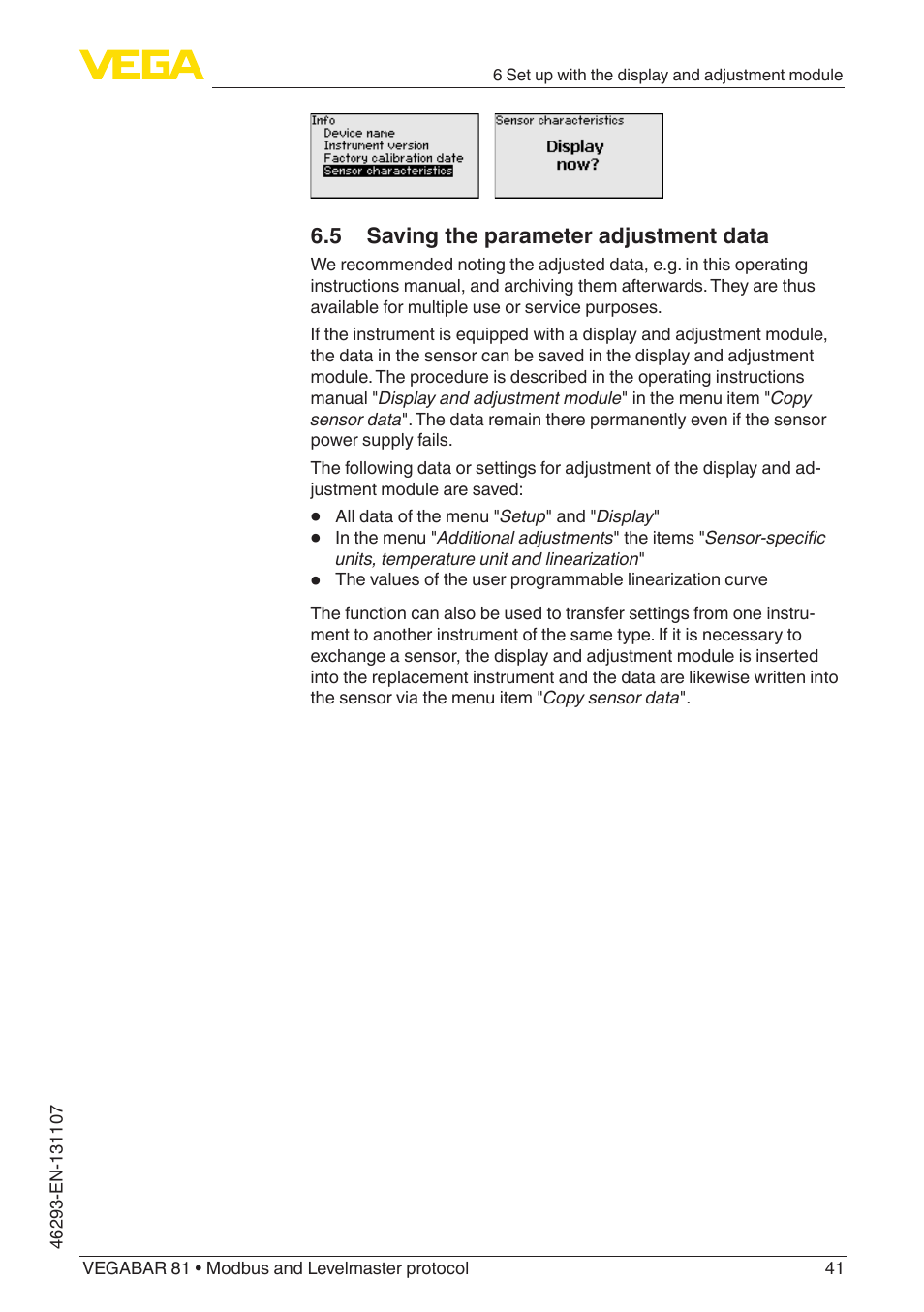 5 saving the parameter adjustment data | VEGA VEGABAR 81 Modbus and Levelmaster protocol - Operating Instructions User Manual | Page 41 / 92