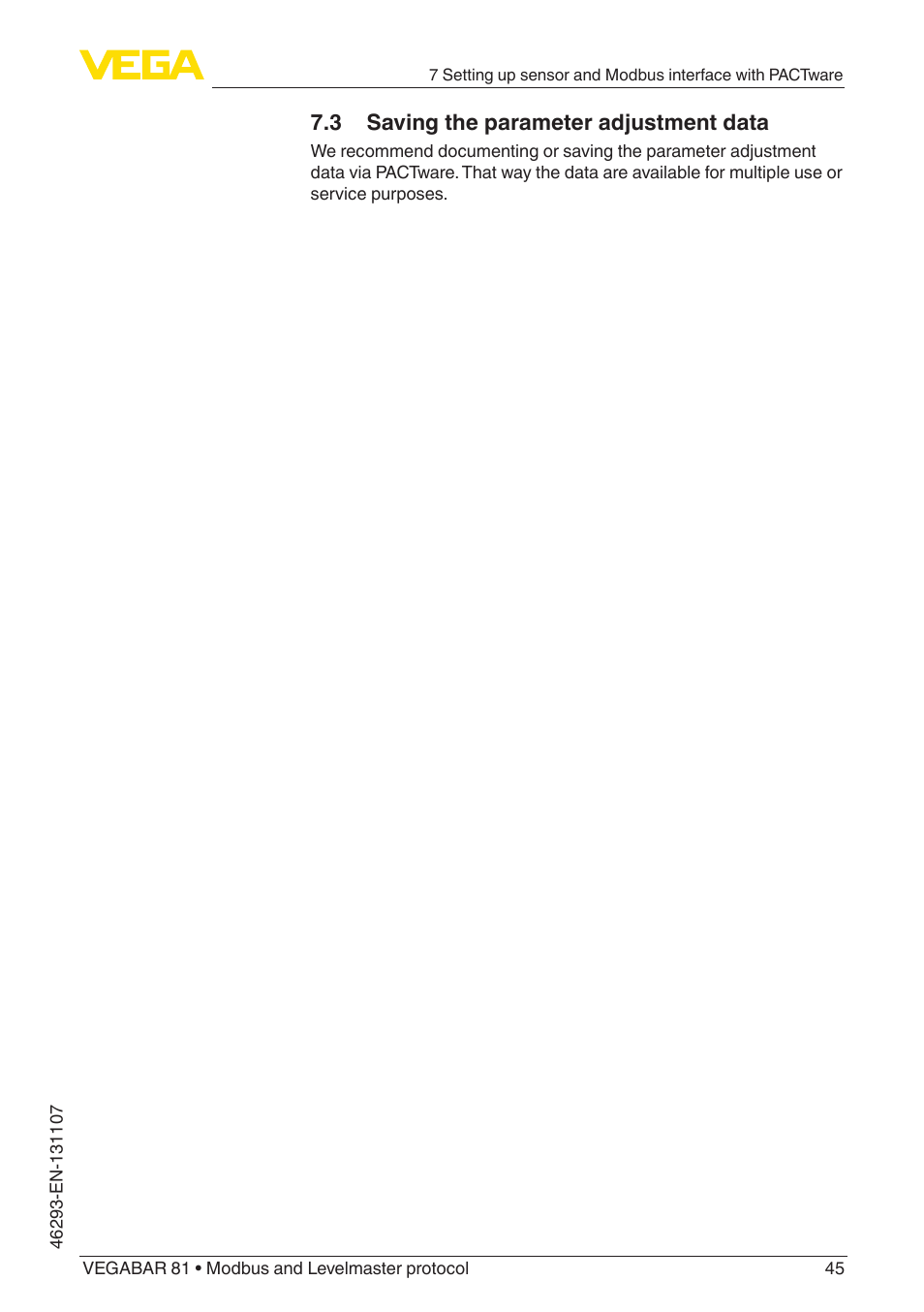 3 saving the parameter adjustment data | VEGA VEGABAR 81 Modbus and Levelmaster protocol - Operating Instructions User Manual | Page 45 / 92