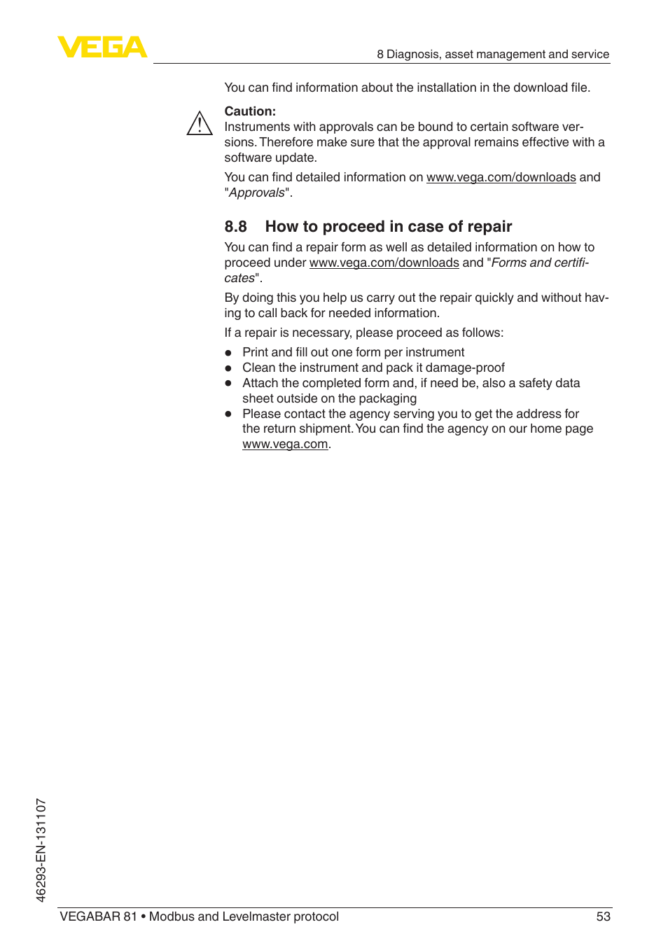 8 how to proceed in case of repair | VEGA VEGABAR 81 Modbus and Levelmaster protocol - Operating Instructions User Manual | Page 53 / 92