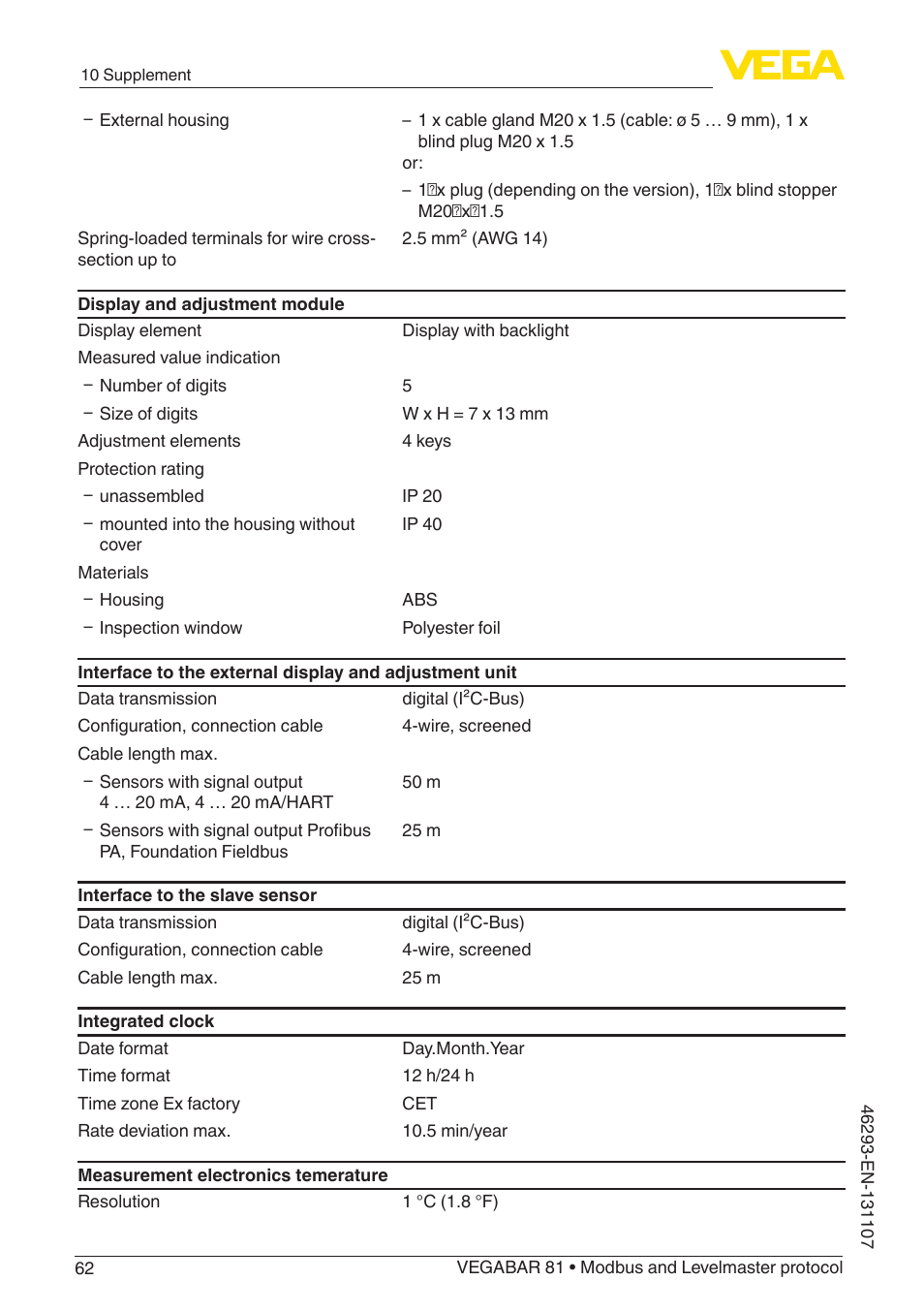 VEGA VEGABAR 81 Modbus and Levelmaster protocol - Operating Instructions User Manual | Page 62 / 92