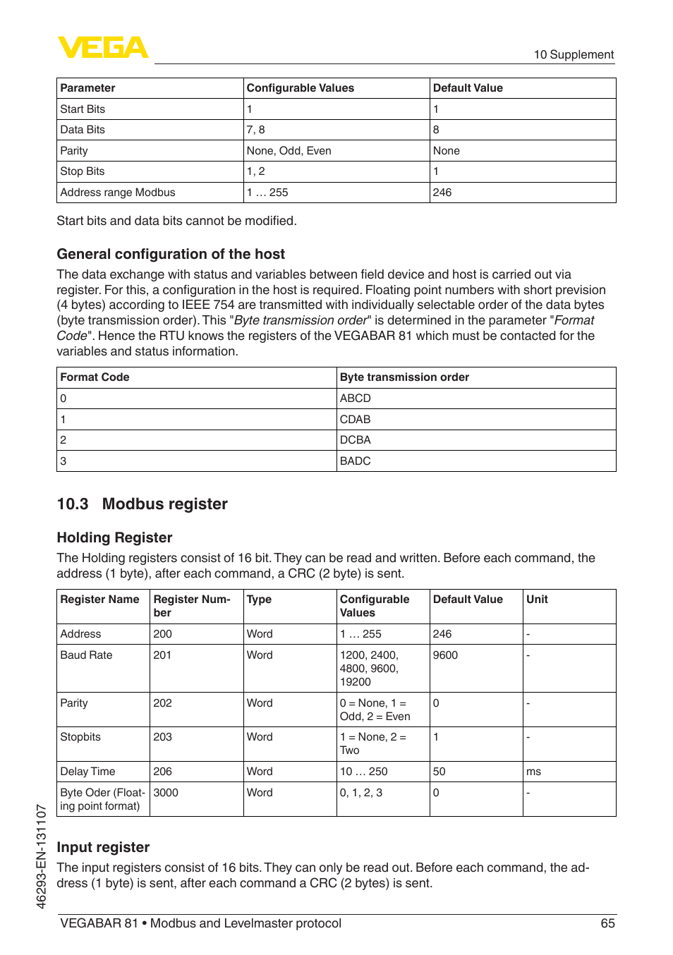 3 modbus register, General configuration of the host, Holding register | Input register | VEGA VEGABAR 81 Modbus and Levelmaster protocol - Operating Instructions User Manual | Page 65 / 92