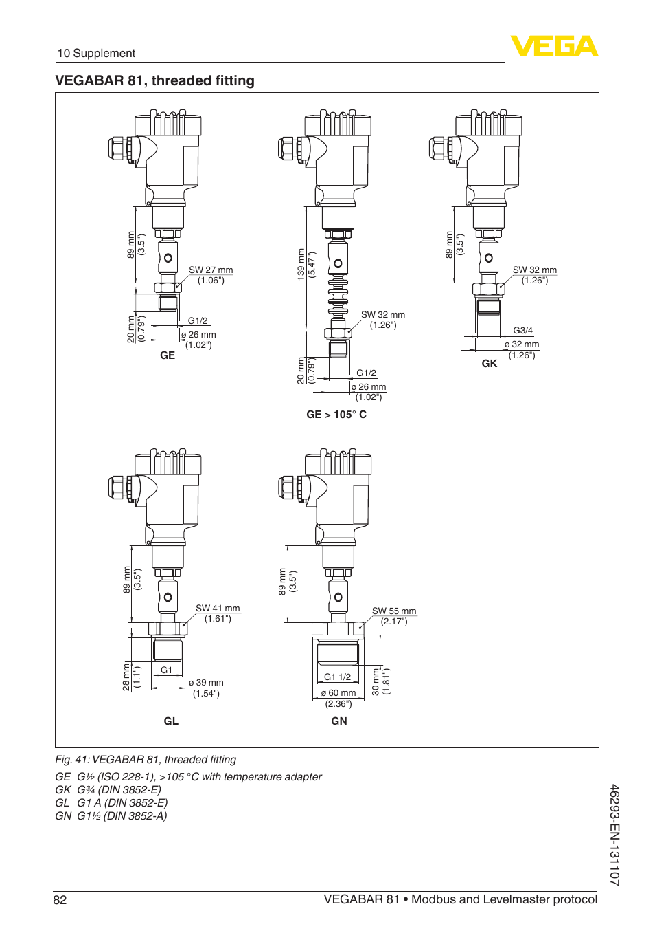 Vegabar 81, threaded fitting | VEGA VEGABAR 81 Modbus and Levelmaster protocol - Operating Instructions User Manual | Page 82 / 92