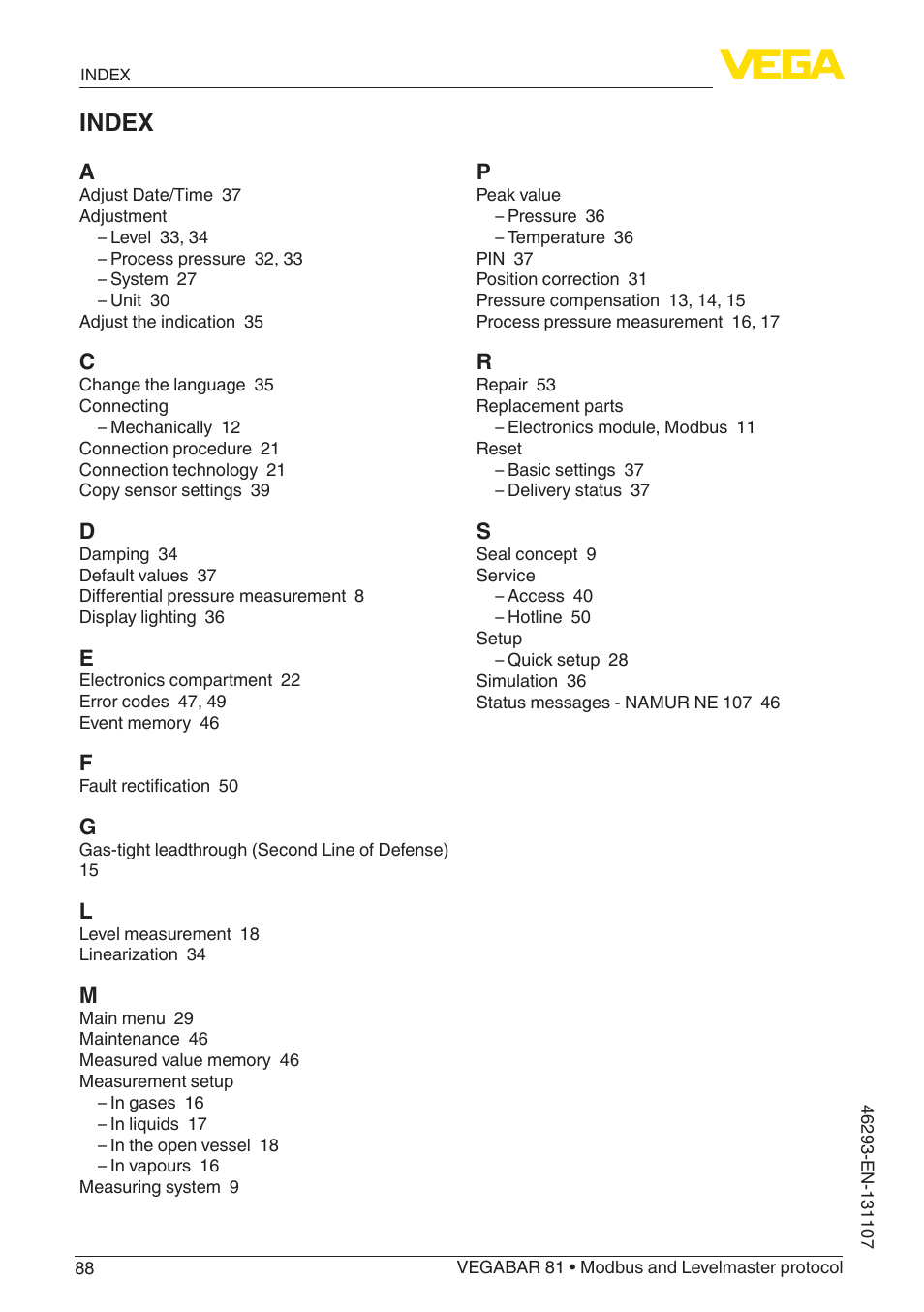 Index | VEGA VEGABAR 81 Modbus and Levelmaster protocol - Operating Instructions User Manual | Page 88 / 92
