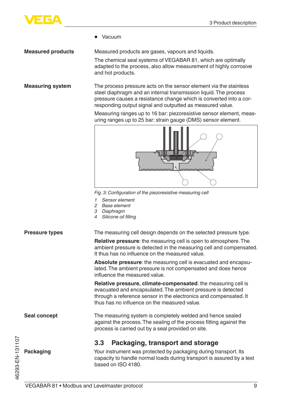 3 packaging, transport and storage | VEGA VEGABAR 81 Modbus and Levelmaster protocol - Operating Instructions User Manual | Page 9 / 92