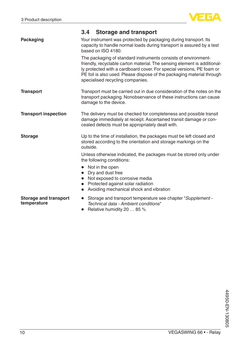 4 storage and transport | VEGA VEGASWING 66 - Relay With SIL qualification User Manual | Page 10 / 40