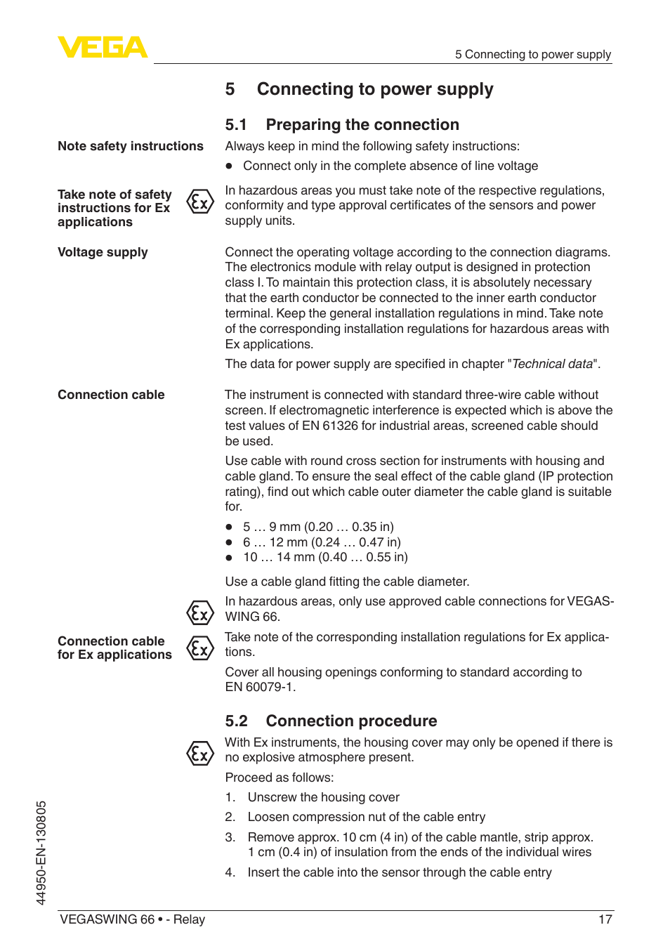 5 connecting to power supply, 1 preparing the connection, 2 connection procedure | VEGA VEGASWING 66 - Relay With SIL qualification User Manual | Page 17 / 40