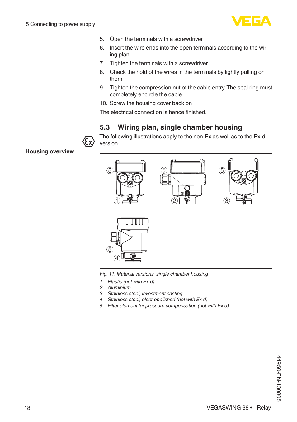 3 wiring plan, single chamber housing | VEGA VEGASWING 66 - Relay With SIL qualification User Manual | Page 18 / 40