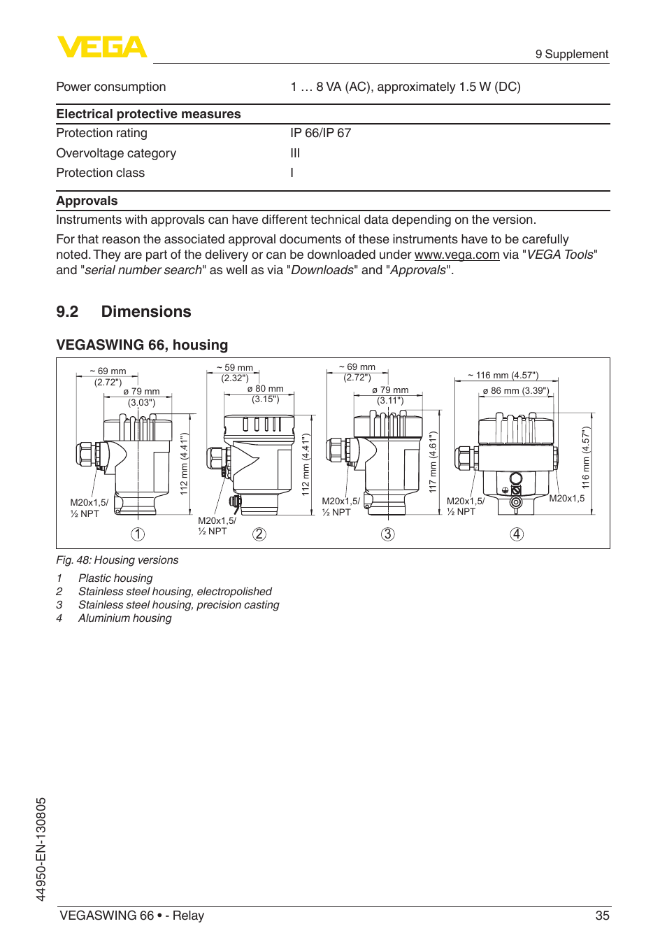2 dimensions, Vegaswing 66, housing | VEGA VEGASWING 66 - Relay With SIL qualification User Manual | Page 35 / 40