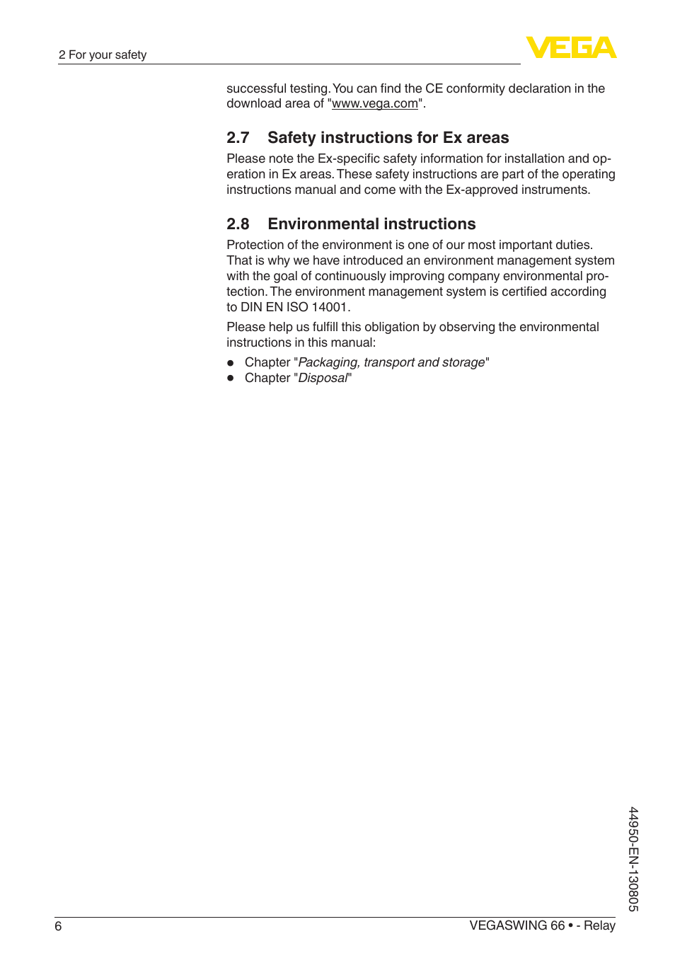 7 safety instructions for ex areas, 8 environmental instructions | VEGA VEGASWING 66 - Relay With SIL qualification User Manual | Page 6 / 40