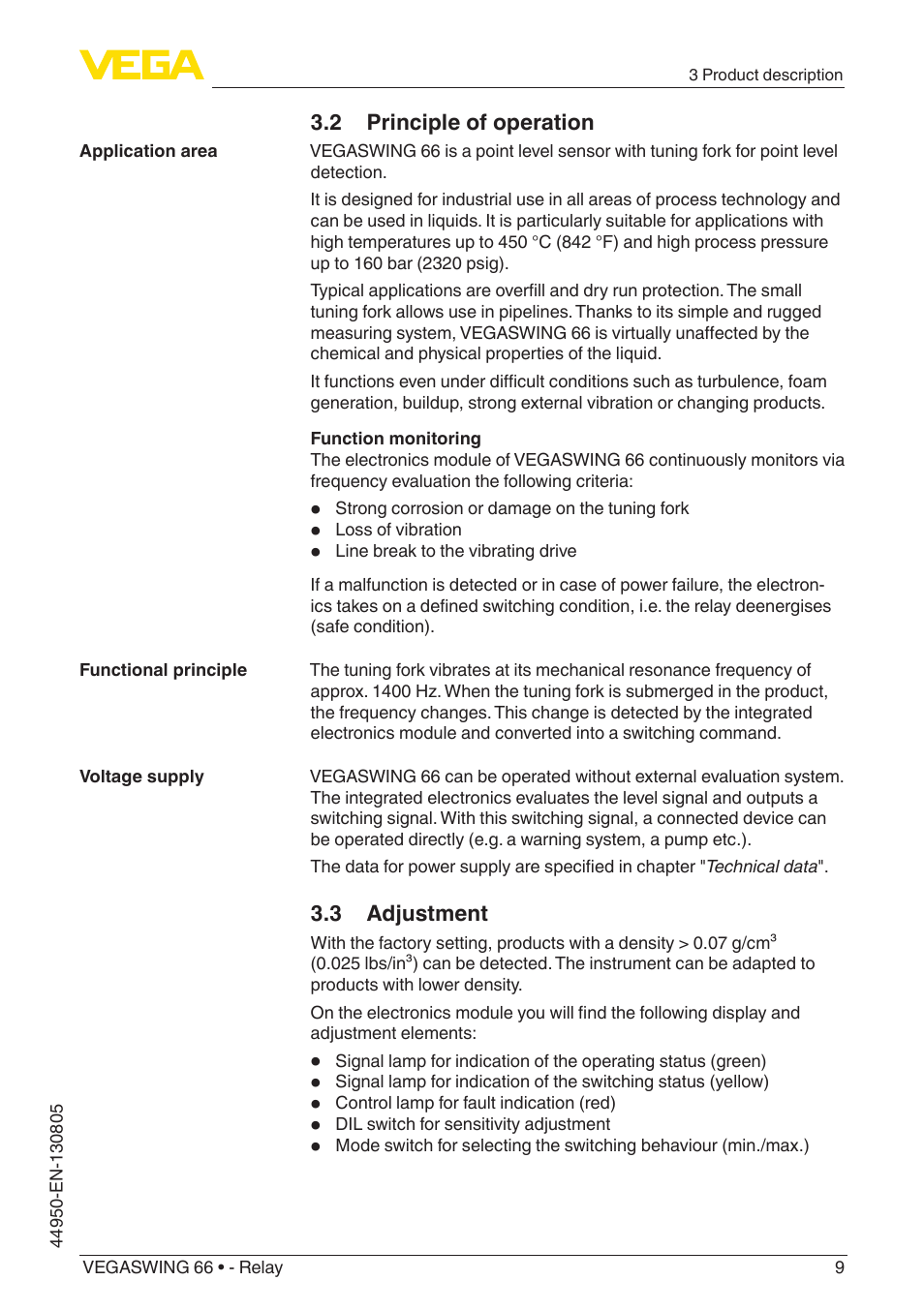 2 principle of operation, 3 adjustment | VEGA VEGASWING 66 - Relay With SIL qualification User Manual | Page 9 / 40