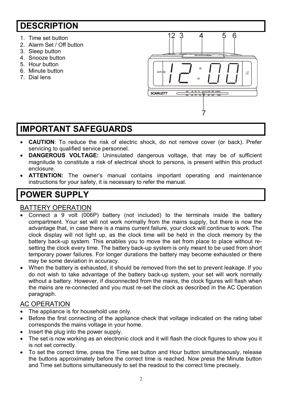 Description, Important safeguards, Power supply | Scarlett SC-4006 User Manual | Page 2 / 7