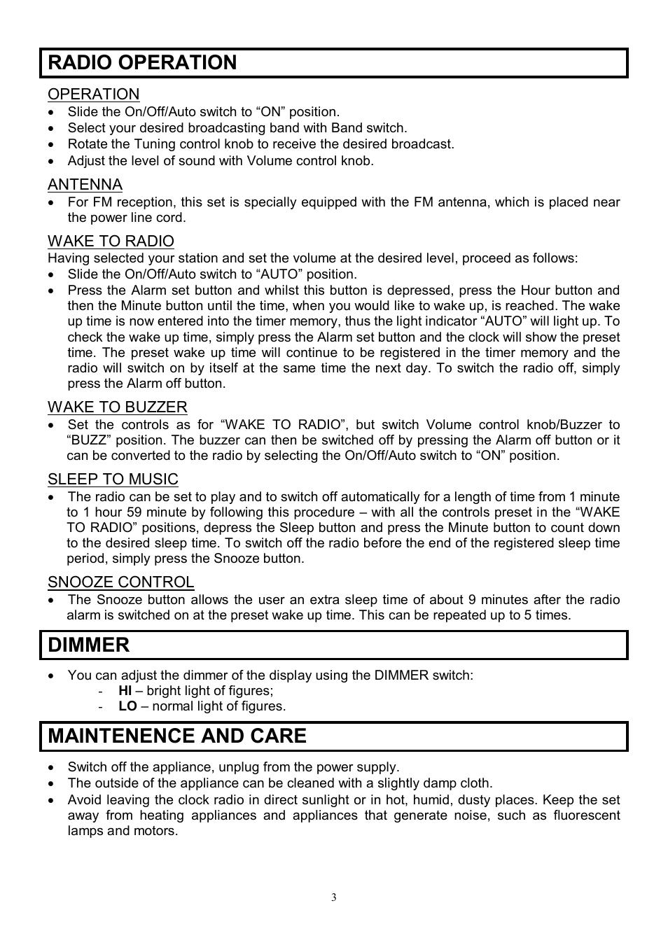 Radio operation, Dimmer, Maintenence and care | Scarlett SC-4006 User Manual | Page 3 / 7