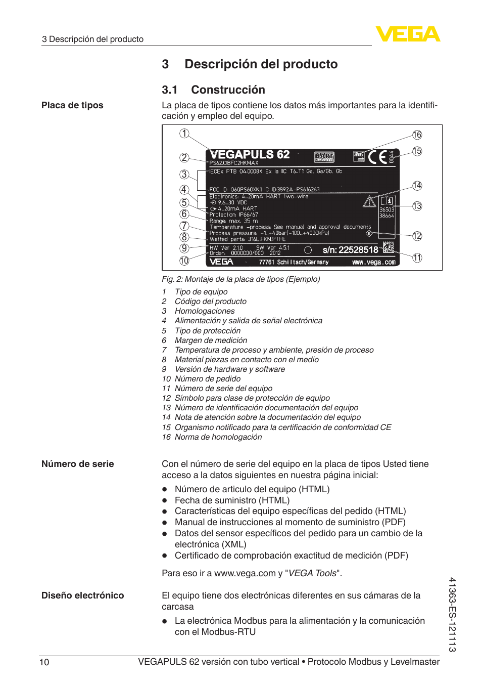 3 descripción del producto, 1 construcción | VEGA VEGAPULS 62 (≥ 2.0.0 - ≥ 4.0.0) standpipe ver. Modbus and Levelmaster protocol User Manual | Page 10 / 72