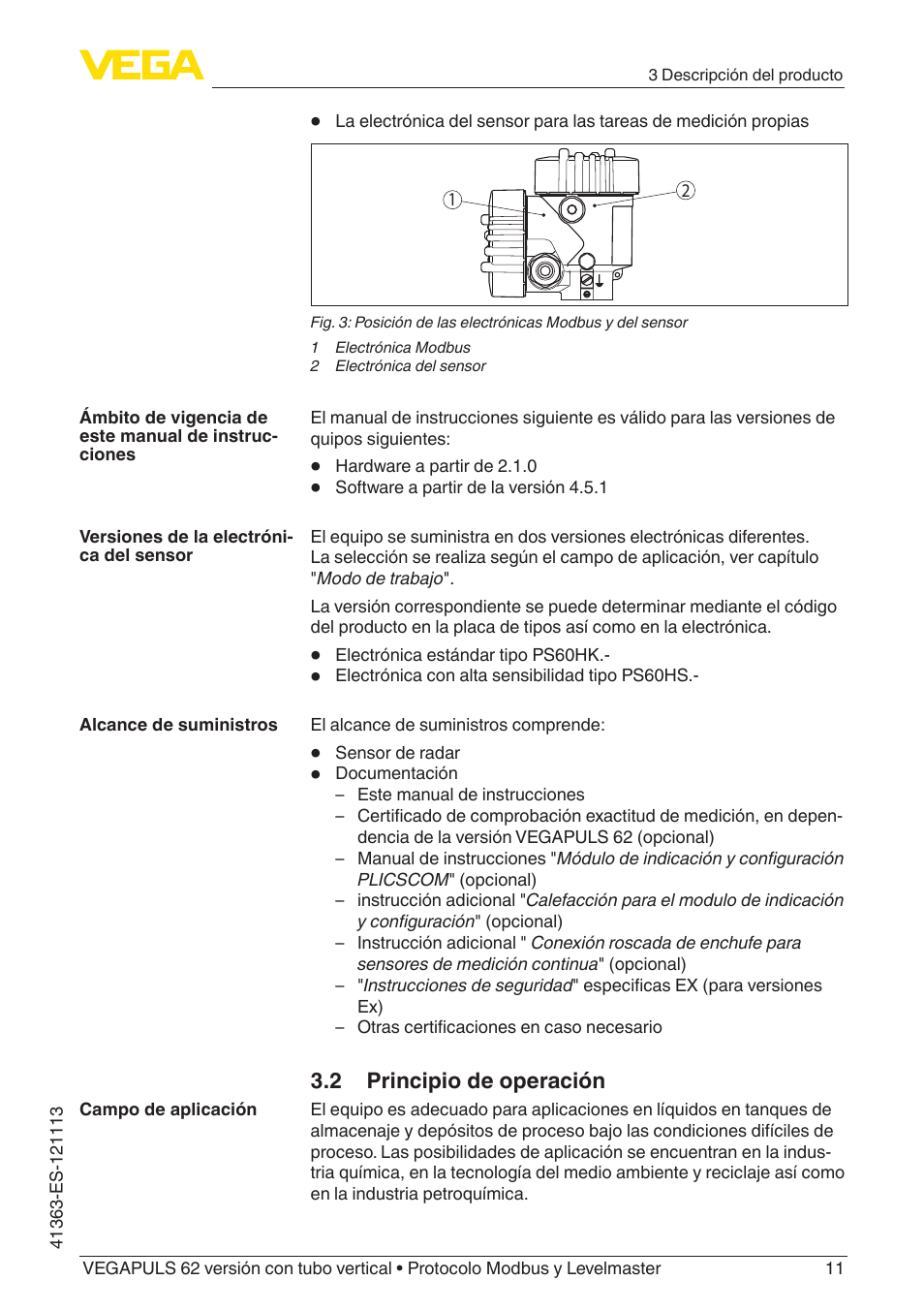 VEGA VEGAPULS 62 (≥ 2.0.0 - ≥ 4.0.0) standpipe ver. Modbus and Levelmaster protocol User Manual | Page 11 / 72