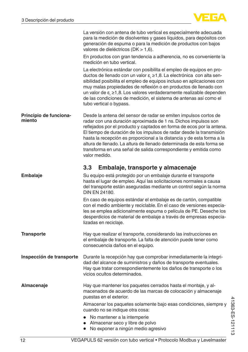 3 embalaje, transporte y almacenaje | VEGA VEGAPULS 62 (≥ 2.0.0 - ≥ 4.0.0) standpipe ver. Modbus and Levelmaster protocol User Manual | Page 12 / 72