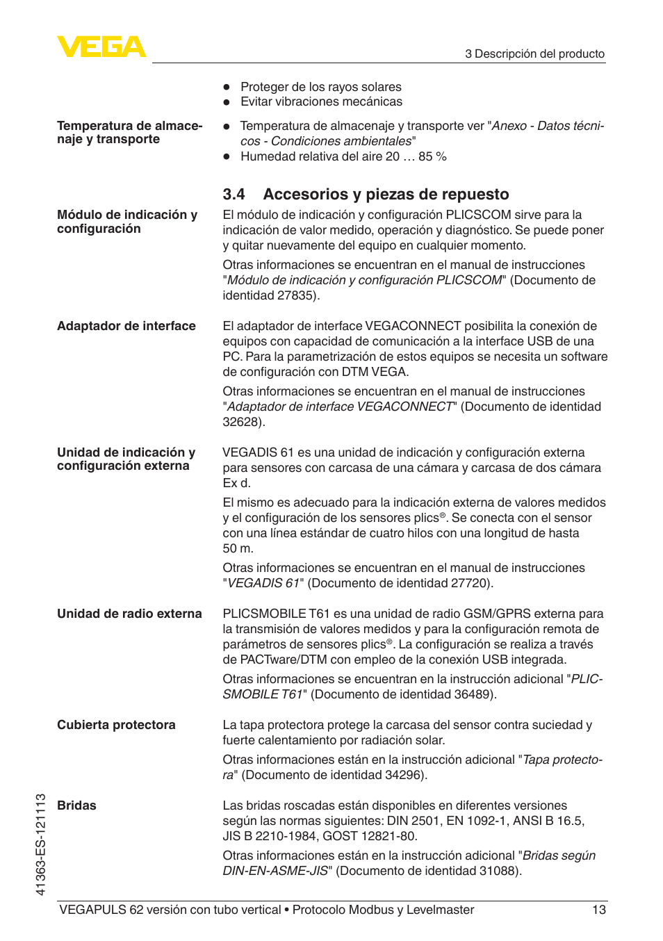 4 accesorios y piezas de repuesto | VEGA VEGAPULS 62 (≥ 2.0.0 - ≥ 4.0.0) standpipe ver. Modbus and Levelmaster protocol User Manual | Page 13 / 72