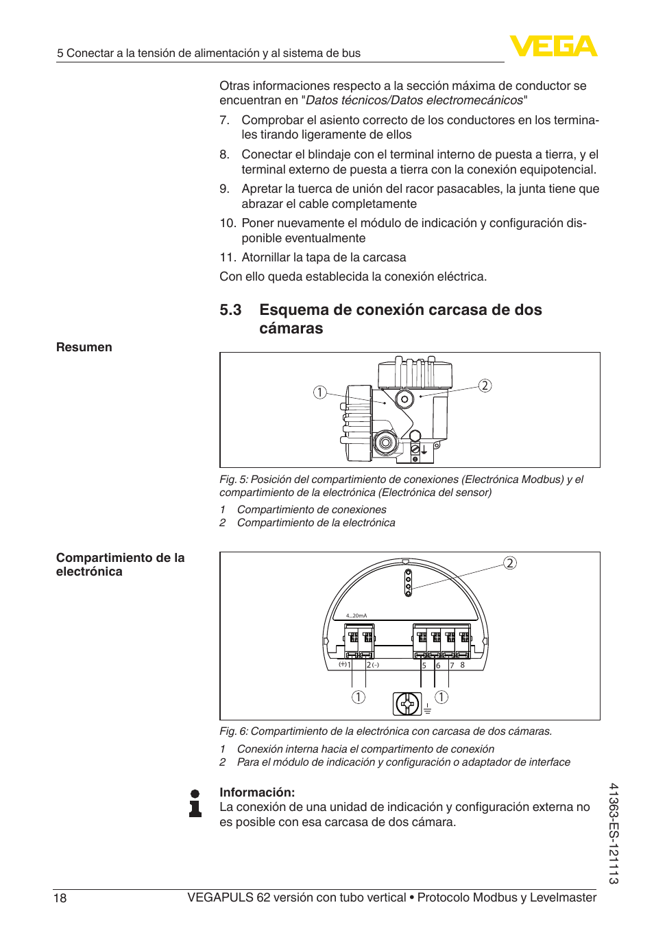 3 esquema de conexión carcasa de dos cámaras | VEGA VEGAPULS 62 (≥ 2.0.0 - ≥ 4.0.0) standpipe ver. Modbus and Levelmaster protocol User Manual | Page 18 / 72