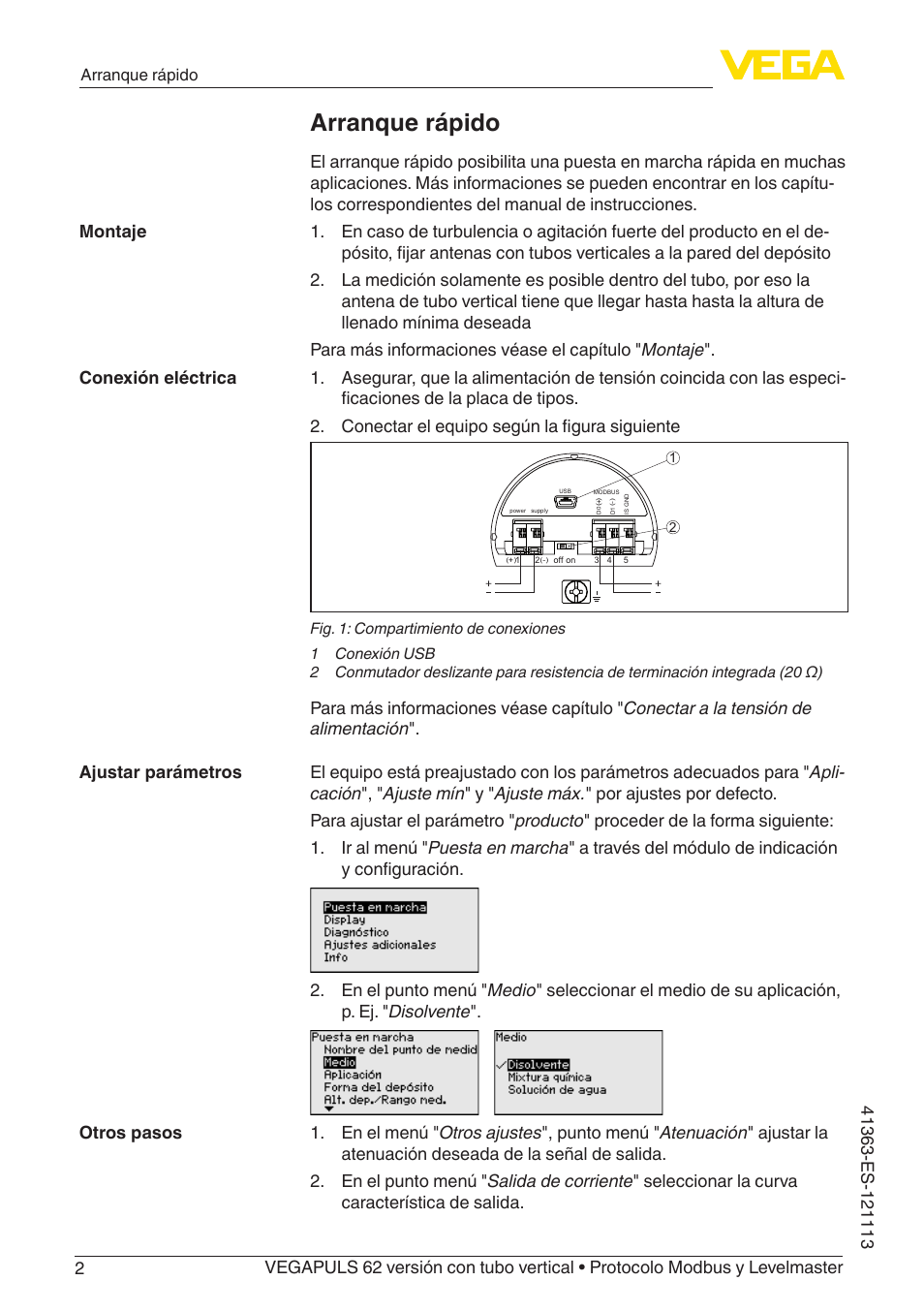 Arranque rápido | VEGA VEGAPULS 62 (≥ 2.0.0 - ≥ 4.0.0) standpipe ver. Modbus and Levelmaster protocol User Manual | Page 2 / 72
