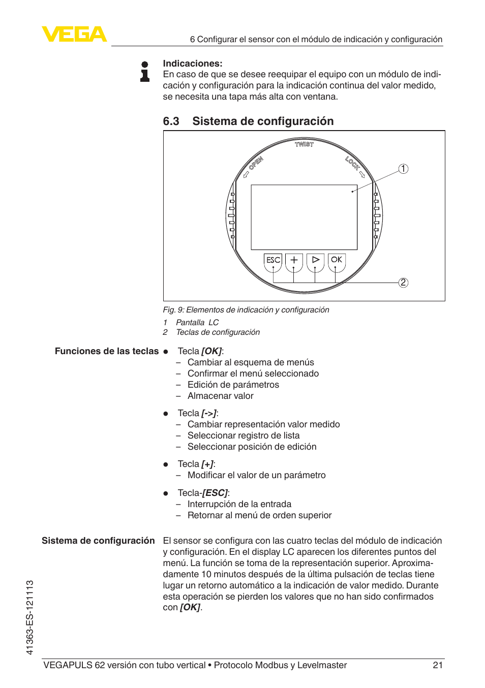 VEGA VEGAPULS 62 (≥ 2.0.0 - ≥ 4.0.0) standpipe ver. Modbus and Levelmaster protocol User Manual | Page 21 / 72