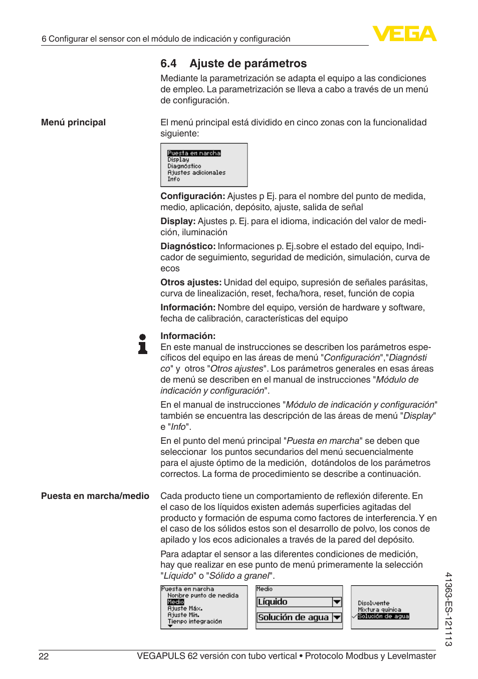 4 ajuste de parámetros | VEGA VEGAPULS 62 (≥ 2.0.0 - ≥ 4.0.0) standpipe ver. Modbus and Levelmaster protocol User Manual | Page 22 / 72