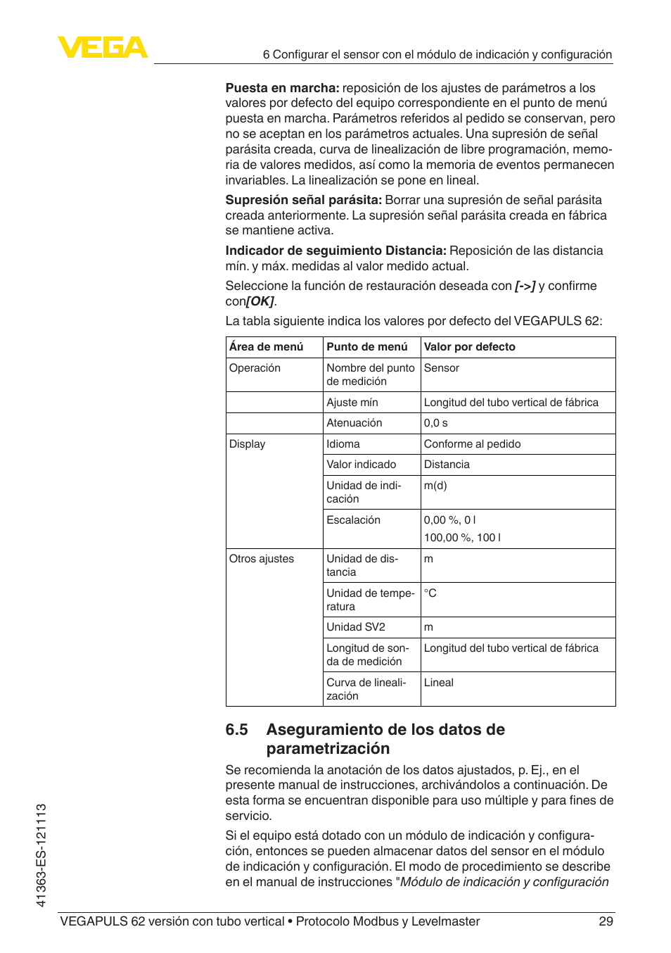 5 aseguramiento de los datos de parametrización | VEGA VEGAPULS 62 (≥ 2.0.0 - ≥ 4.0.0) standpipe ver. Modbus and Levelmaster protocol User Manual | Page 29 / 72