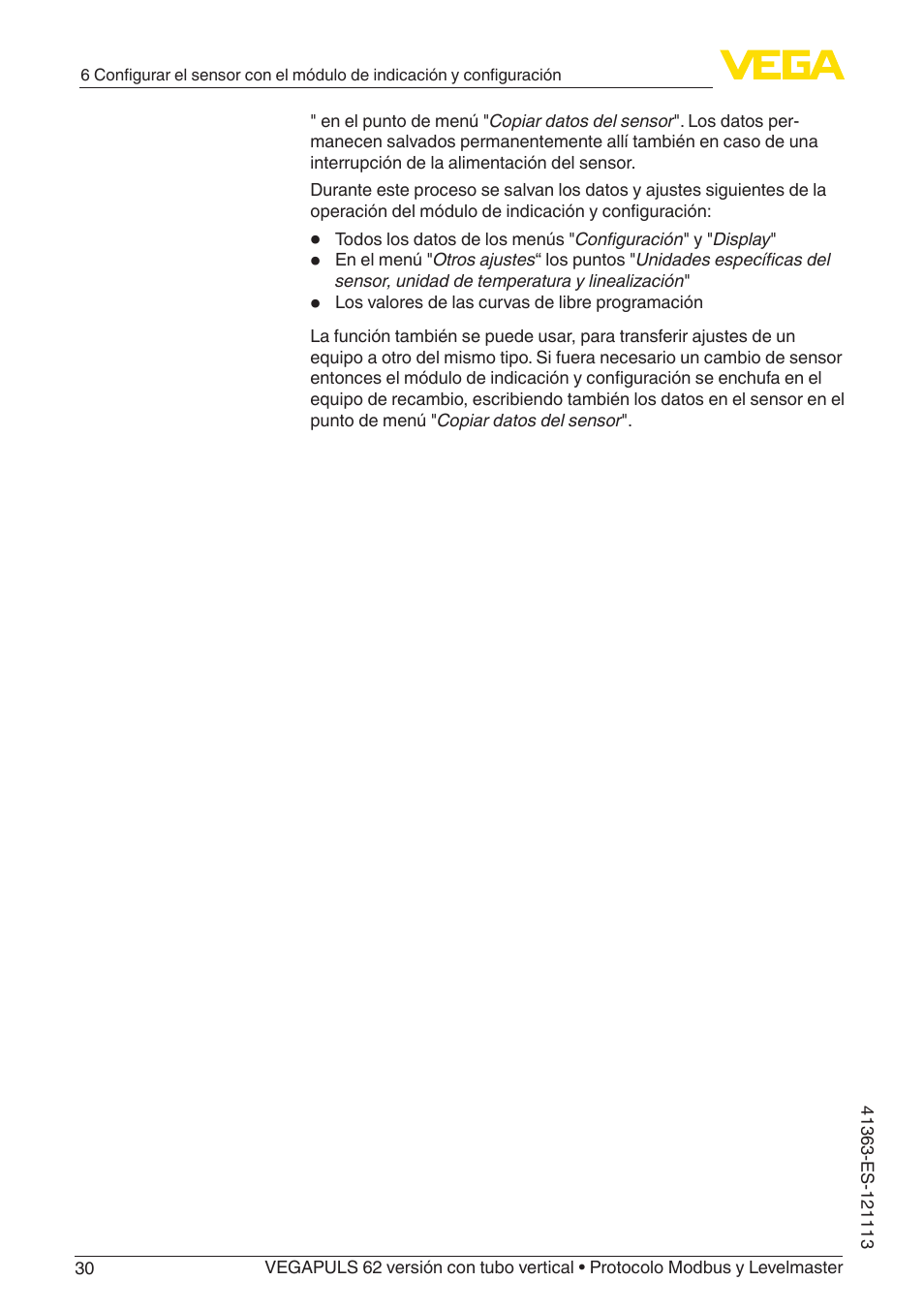 VEGA VEGAPULS 62 (≥ 2.0.0 - ≥ 4.0.0) standpipe ver. Modbus and Levelmaster protocol User Manual | Page 30 / 72