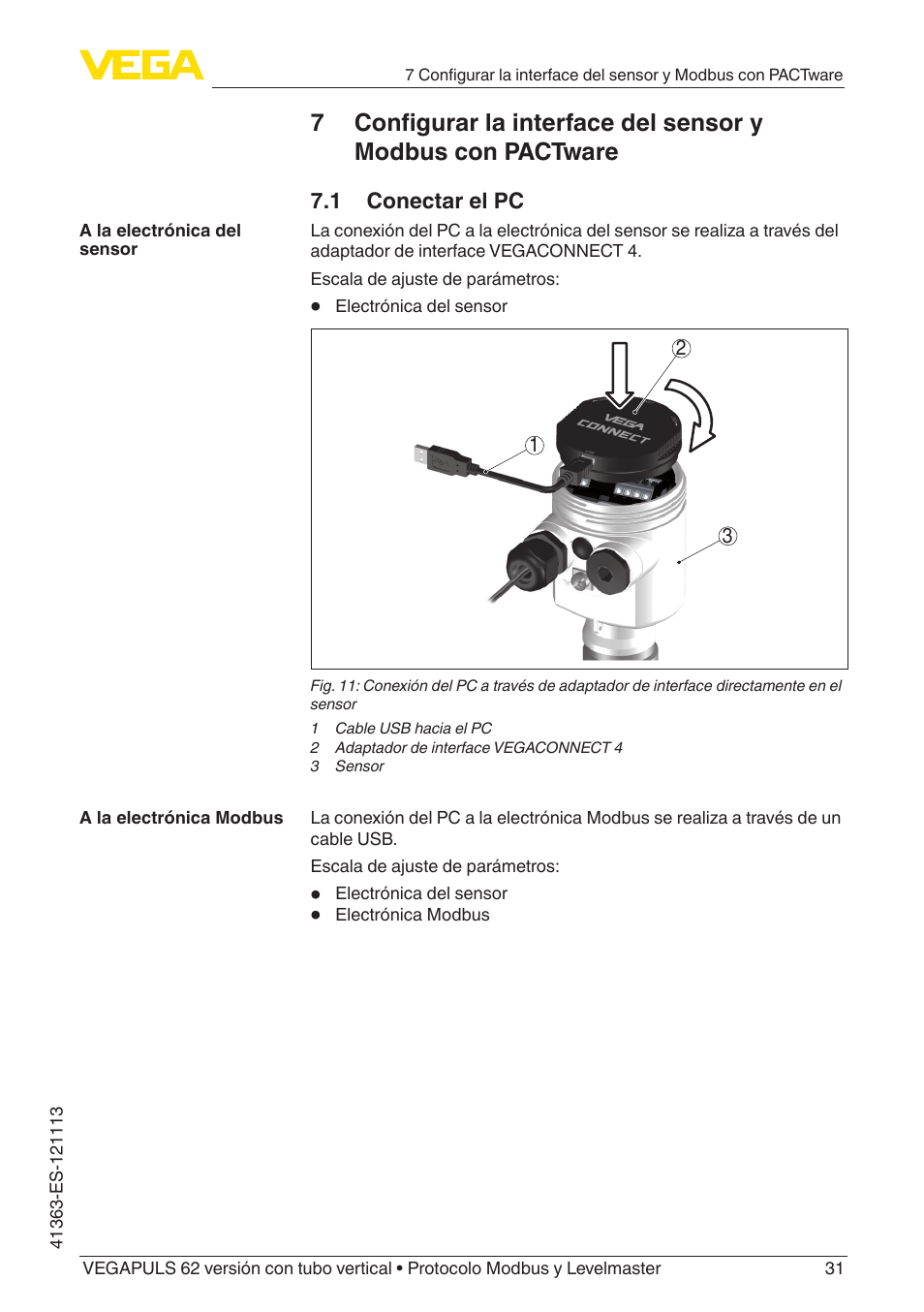 1 conectar el pc | VEGA VEGAPULS 62 (≥ 2.0.0 - ≥ 4.0.0) standpipe ver. Modbus and Levelmaster protocol User Manual | Page 31 / 72