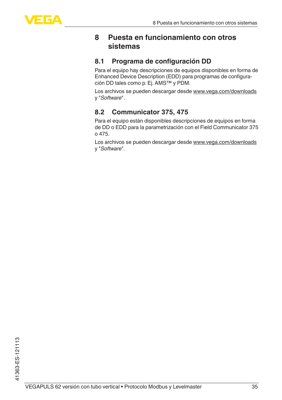 8 puesta en funcionamiento con otros sistemas, 2 communicator 375, 475 | VEGA VEGAPULS 62 (≥ 2.0.0 - ≥ 4.0.0) standpipe ver. Modbus and Levelmaster protocol User Manual | Page 35 / 72