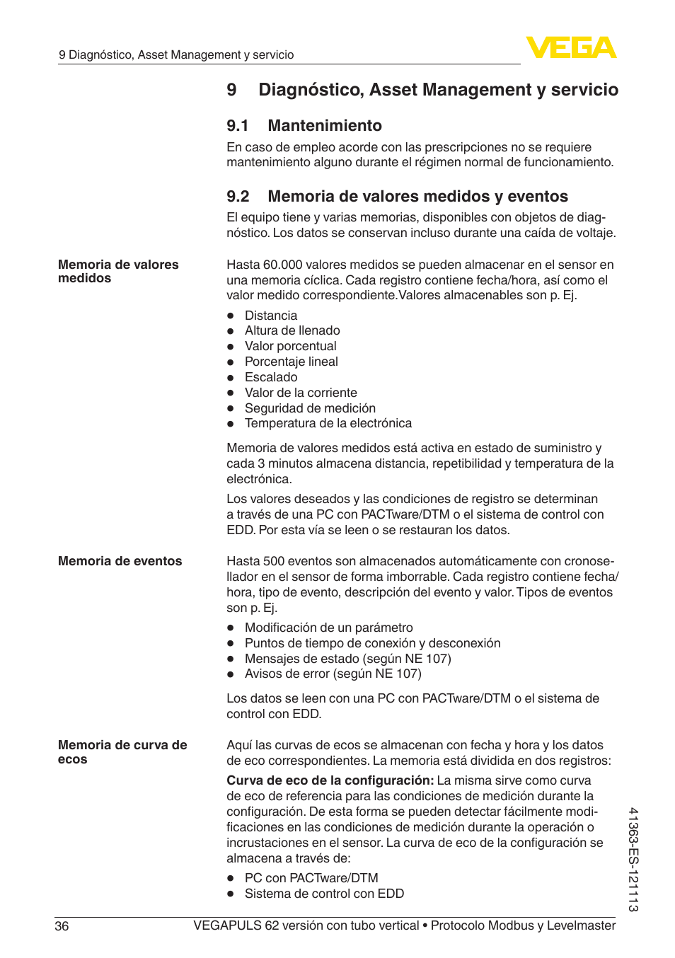 1 mantenimiento, 2 memoria de valores medidos y eventos, 9 diagnóstico, asset management y servicio | VEGA VEGAPULS 62 (≥ 2.0.0 - ≥ 4.0.0) standpipe ver. Modbus and Levelmaster protocol User Manual | Page 36 / 72