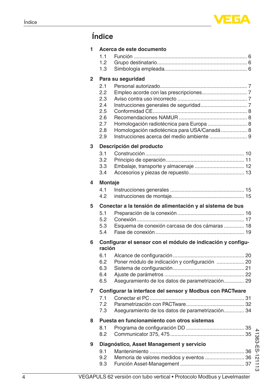 Índice | VEGA VEGAPULS 62 (≥ 2.0.0 - ≥ 4.0.0) standpipe ver. Modbus and Levelmaster protocol User Manual | Page 4 / 72