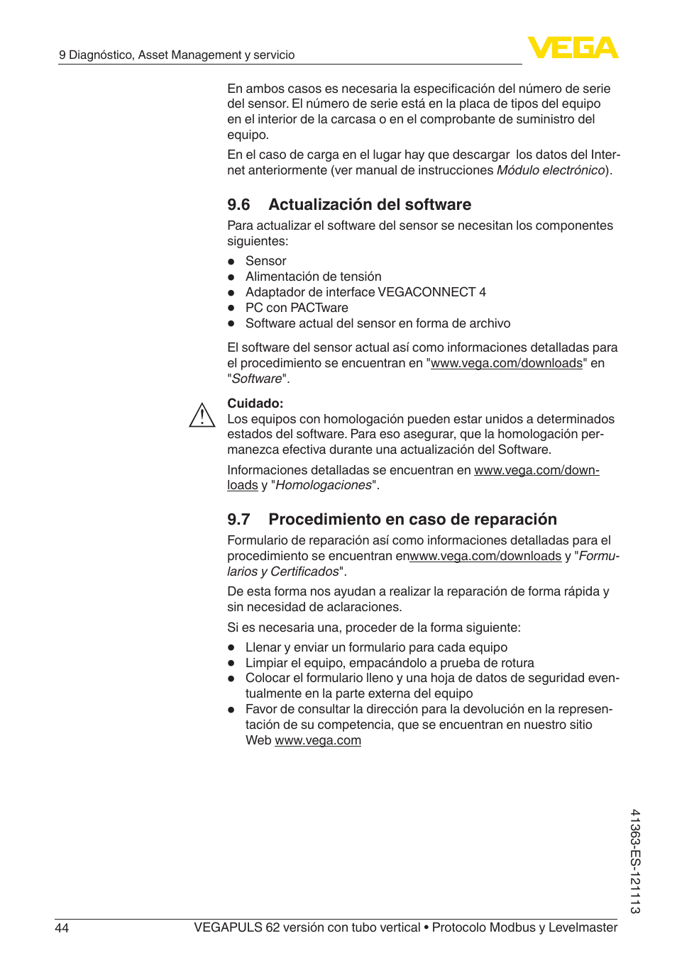 VEGA VEGAPULS 62 (≥ 2.0.0 - ≥ 4.0.0) standpipe ver. Modbus and Levelmaster protocol User Manual | Page 44 / 72