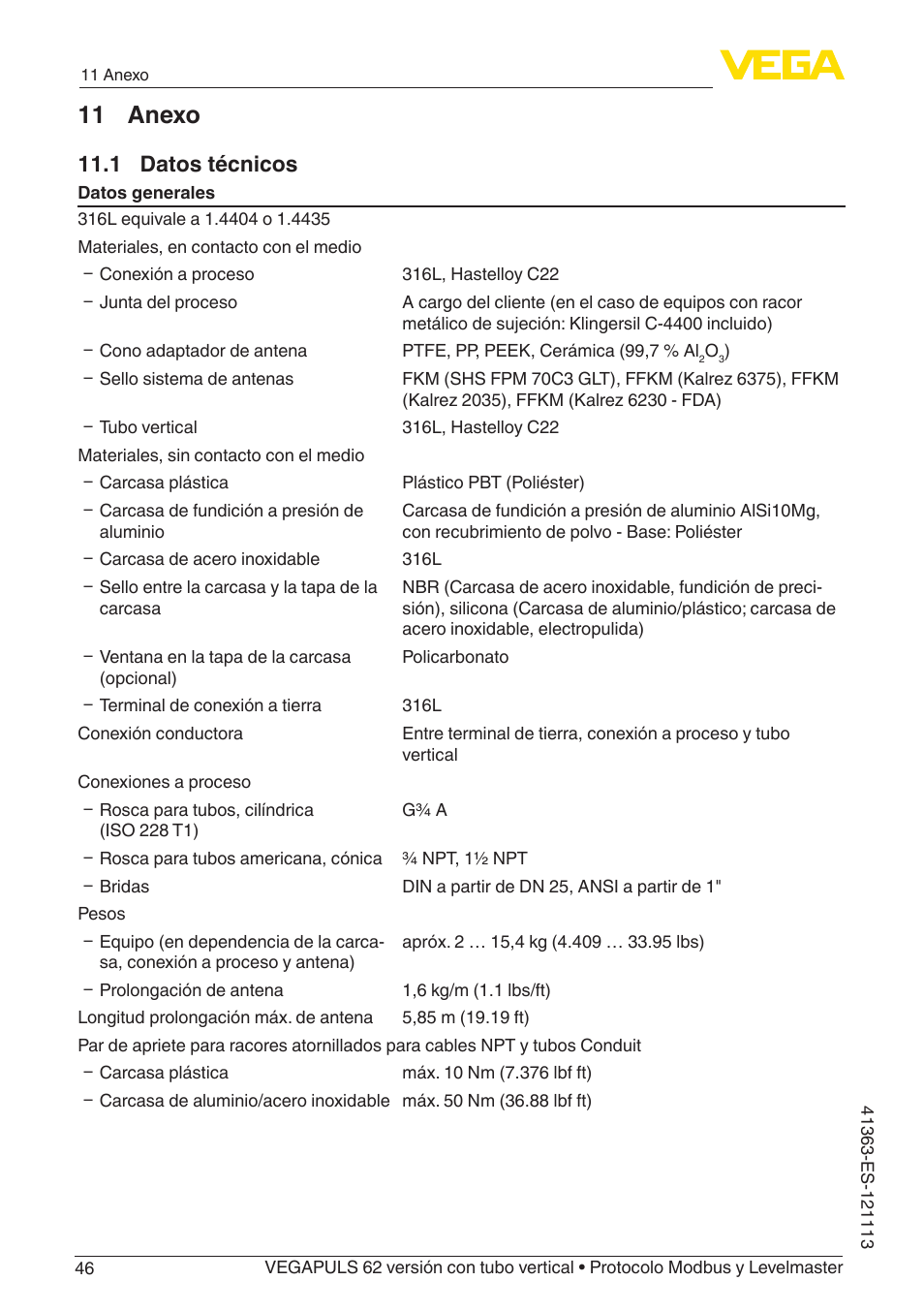 11 anexo, 1 datos técnicos | VEGA VEGAPULS 62 (≥ 2.0.0 - ≥ 4.0.0) standpipe ver. Modbus and Levelmaster protocol User Manual | Page 46 / 72
