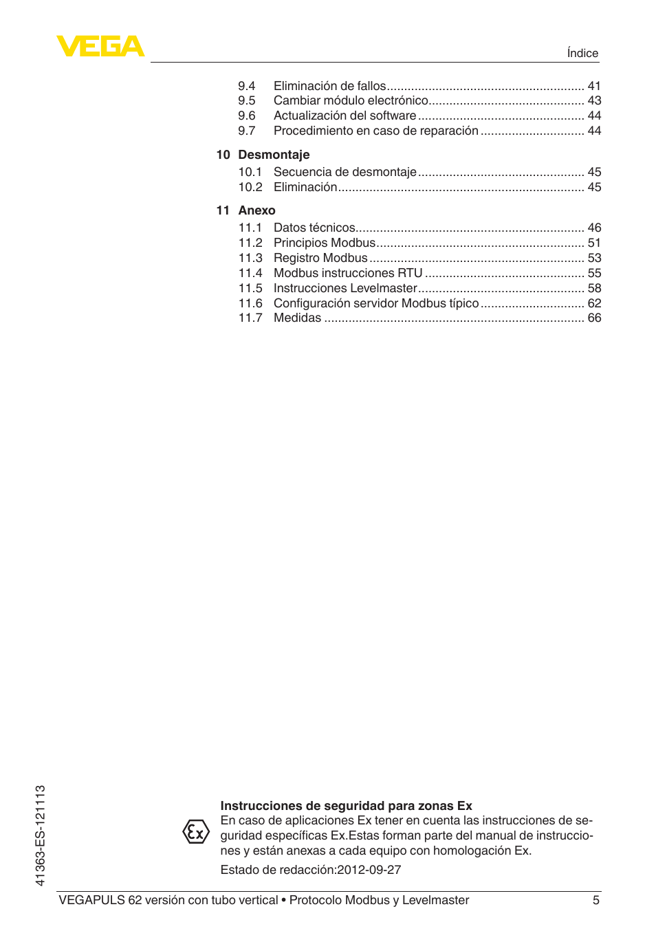 VEGA VEGAPULS 62 (≥ 2.0.0 - ≥ 4.0.0) standpipe ver. Modbus and Levelmaster protocol User Manual | Page 5 / 72