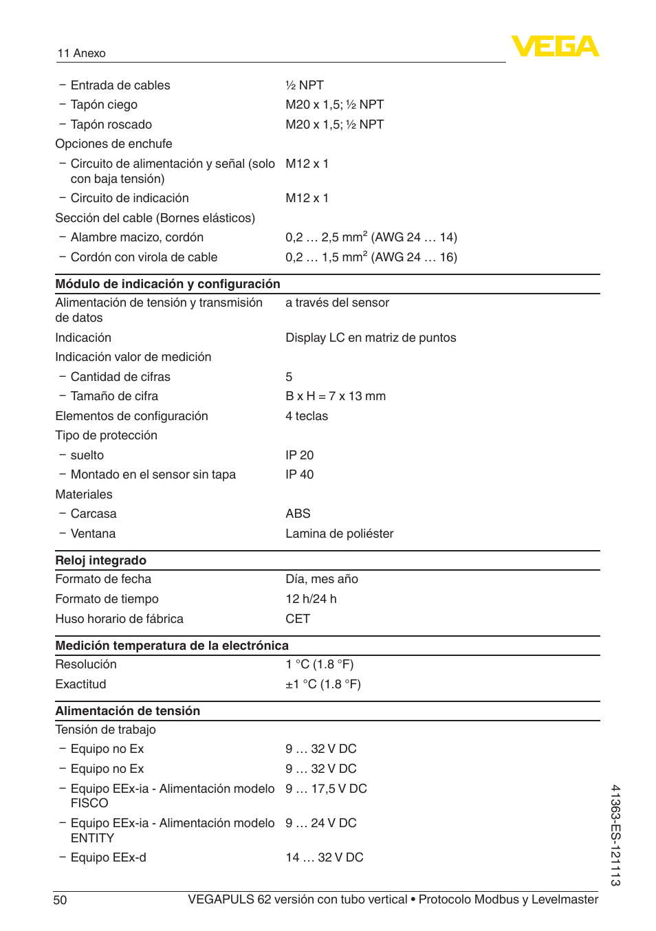 VEGA VEGAPULS 62 (≥ 2.0.0 - ≥ 4.0.0) standpipe ver. Modbus and Levelmaster protocol User Manual | Page 50 / 72