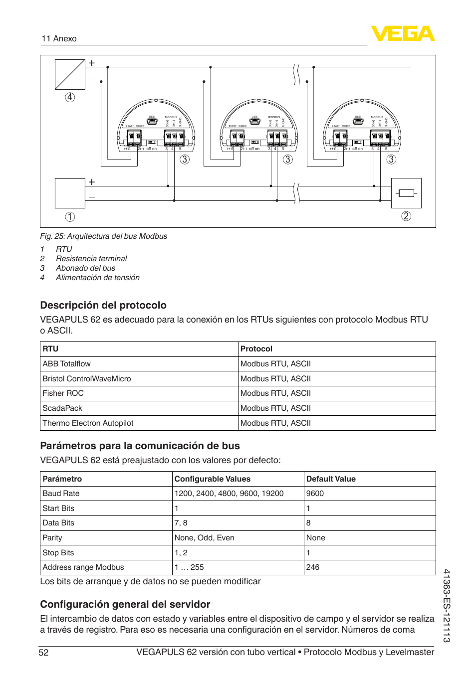 Descripción del protocolo, Parámetros para la comunicación de bus, Configuración general del servidor | 11 anexo | VEGA VEGAPULS 62 (≥ 2.0.0 - ≥ 4.0.0) standpipe ver. Modbus and Levelmaster protocol User Manual | Page 52 / 72