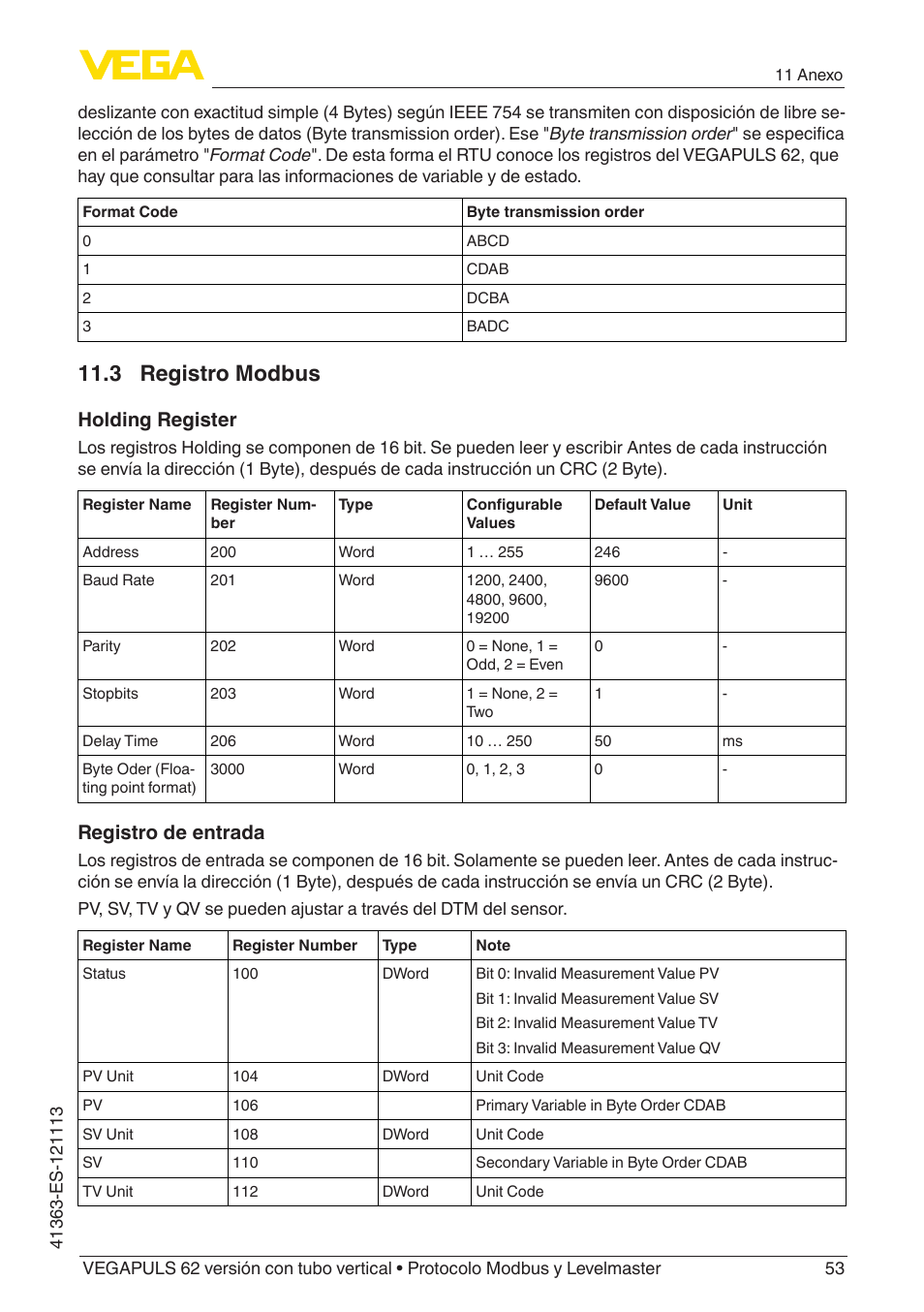 3 registro modbus, Holding register, Registro de entrada | VEGA VEGAPULS 62 (≥ 2.0.0 - ≥ 4.0.0) standpipe ver. Modbus and Levelmaster protocol User Manual | Page 53 / 72