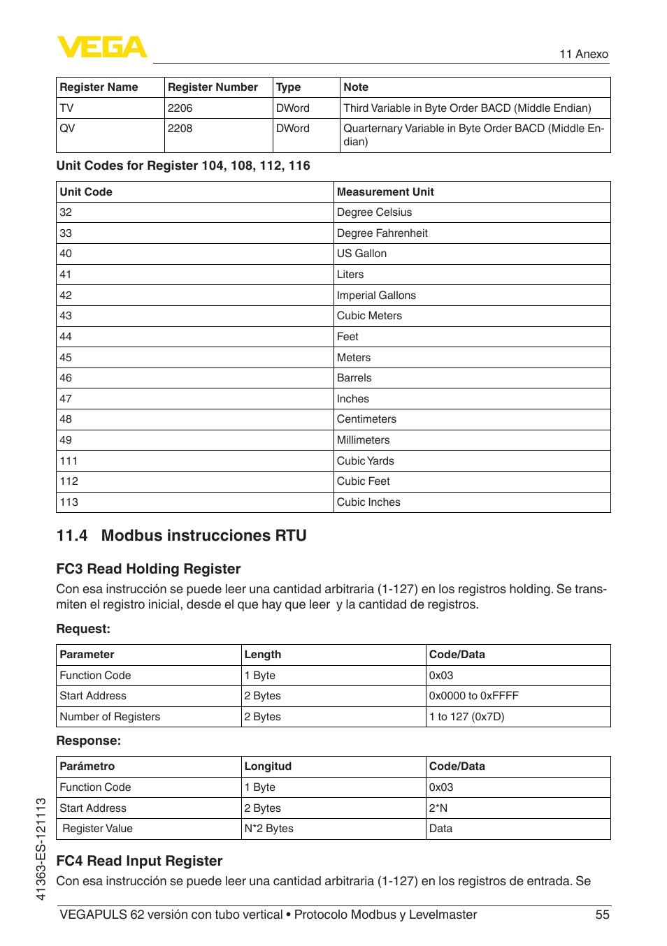 4 modbus instrucciones rtu, Fc3 read holding register, Fc4 read input register | VEGA VEGAPULS 62 (≥ 2.0.0 - ≥ 4.0.0) standpipe ver. Modbus and Levelmaster protocol User Manual | Page 55 / 72