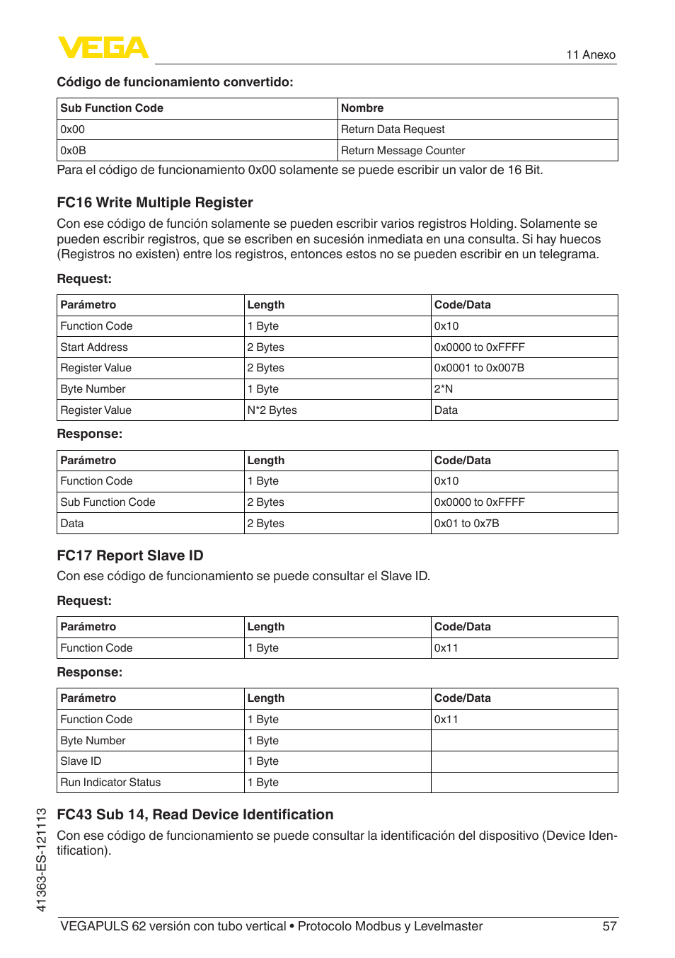 Fc16 write multiple register, Fc17 report slave id, Fc43 sub 14, read device identification | VEGA VEGAPULS 62 (≥ 2.0.0 - ≥ 4.0.0) standpipe ver. Modbus and Levelmaster protocol User Manual | Page 57 / 72