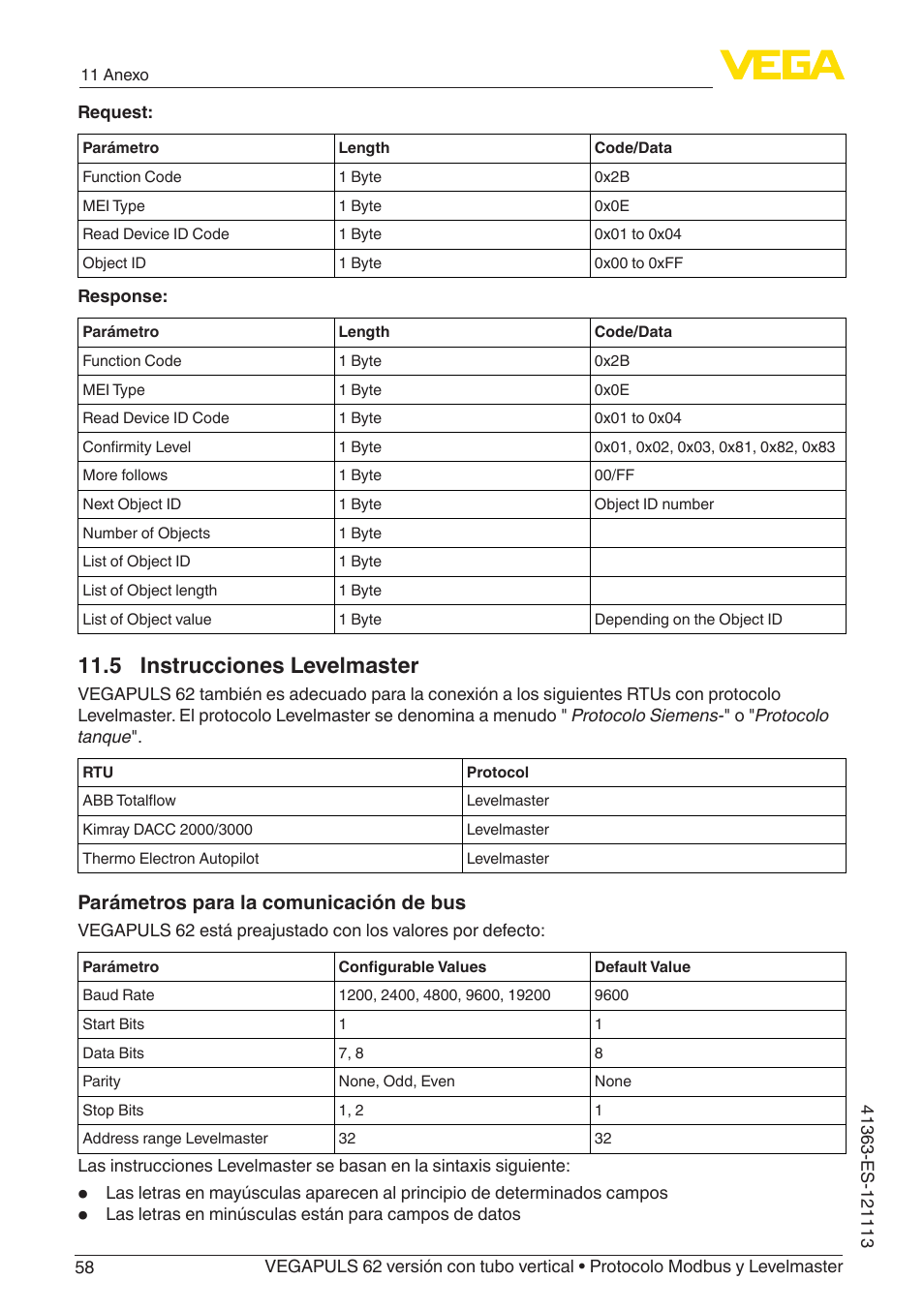 5 instrucciones levelmaster, Parámetros para la comunicación de bus | VEGA VEGAPULS 62 (≥ 2.0.0 - ≥ 4.0.0) standpipe ver. Modbus and Levelmaster protocol User Manual | Page 58 / 72