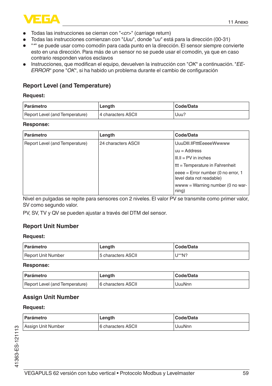 VEGA VEGAPULS 62 (≥ 2.0.0 - ≥ 4.0.0) standpipe ver. Modbus and Levelmaster protocol User Manual | Page 59 / 72