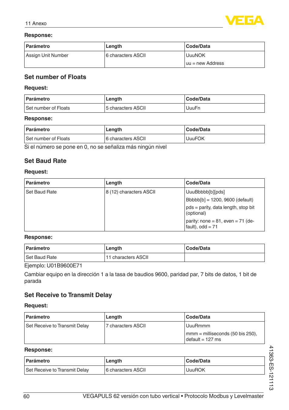 Set number of floats, Set baud rate, Set receive to transmit delay | VEGA VEGAPULS 62 (≥ 2.0.0 - ≥ 4.0.0) standpipe ver. Modbus and Levelmaster protocol User Manual | Page 60 / 72