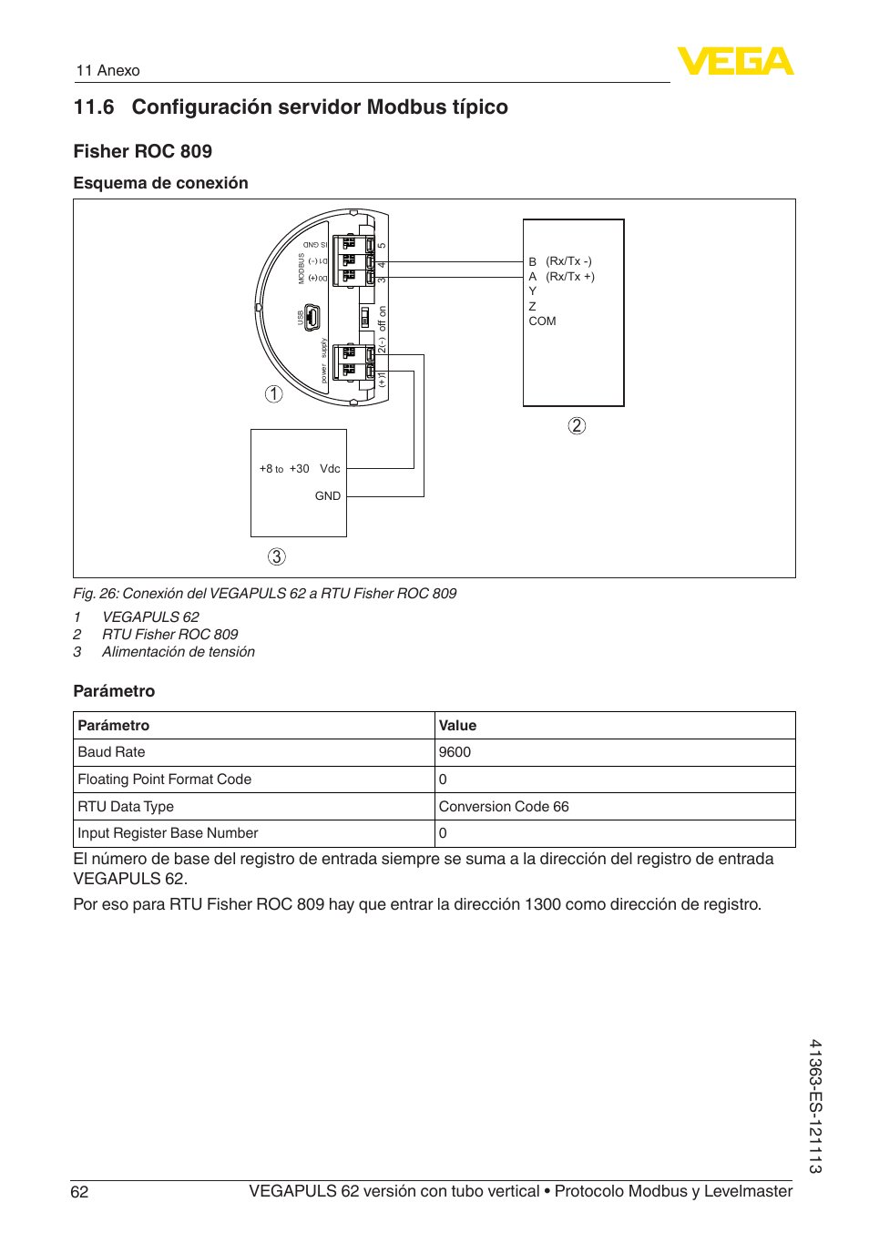 6 configuración servidor modbus típico, Fisher roc 809, Esquema de conexión | Parámetro, 11 anexo | VEGA VEGAPULS 62 (≥ 2.0.0 - ≥ 4.0.0) standpipe ver. Modbus and Levelmaster protocol User Manual | Page 62 / 72