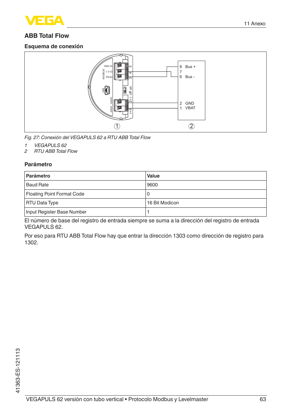 Abb total flow, Esquema de conexión, Parámetro | 11 anexo | VEGA VEGAPULS 62 (≥ 2.0.0 - ≥ 4.0.0) standpipe ver. Modbus and Levelmaster protocol User Manual | Page 63 / 72