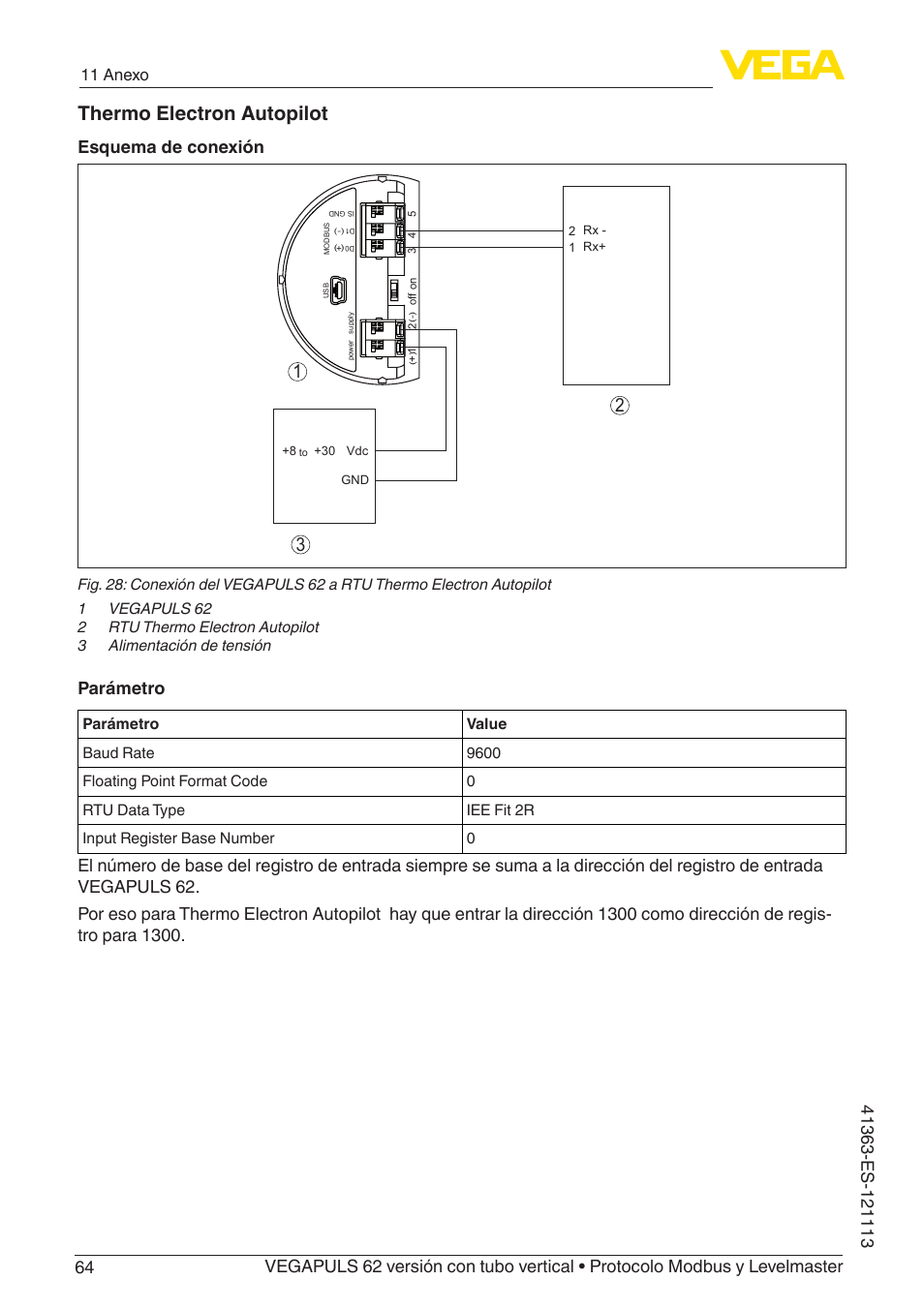 Thermo electron autopilot, Esquema de conexión, Parámetro | 11 anexo | VEGA VEGAPULS 62 (≥ 2.0.0 - ≥ 4.0.0) standpipe ver. Modbus and Levelmaster protocol User Manual | Page 64 / 72