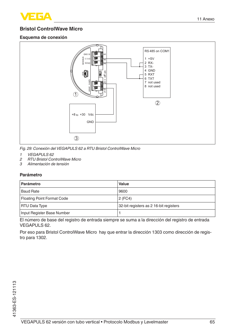 Bristol controlwave micro, Esquema de conexión, Parámetro | 11 anexo | VEGA VEGAPULS 62 (≥ 2.0.0 - ≥ 4.0.0) standpipe ver. Modbus and Levelmaster protocol User Manual | Page 65 / 72