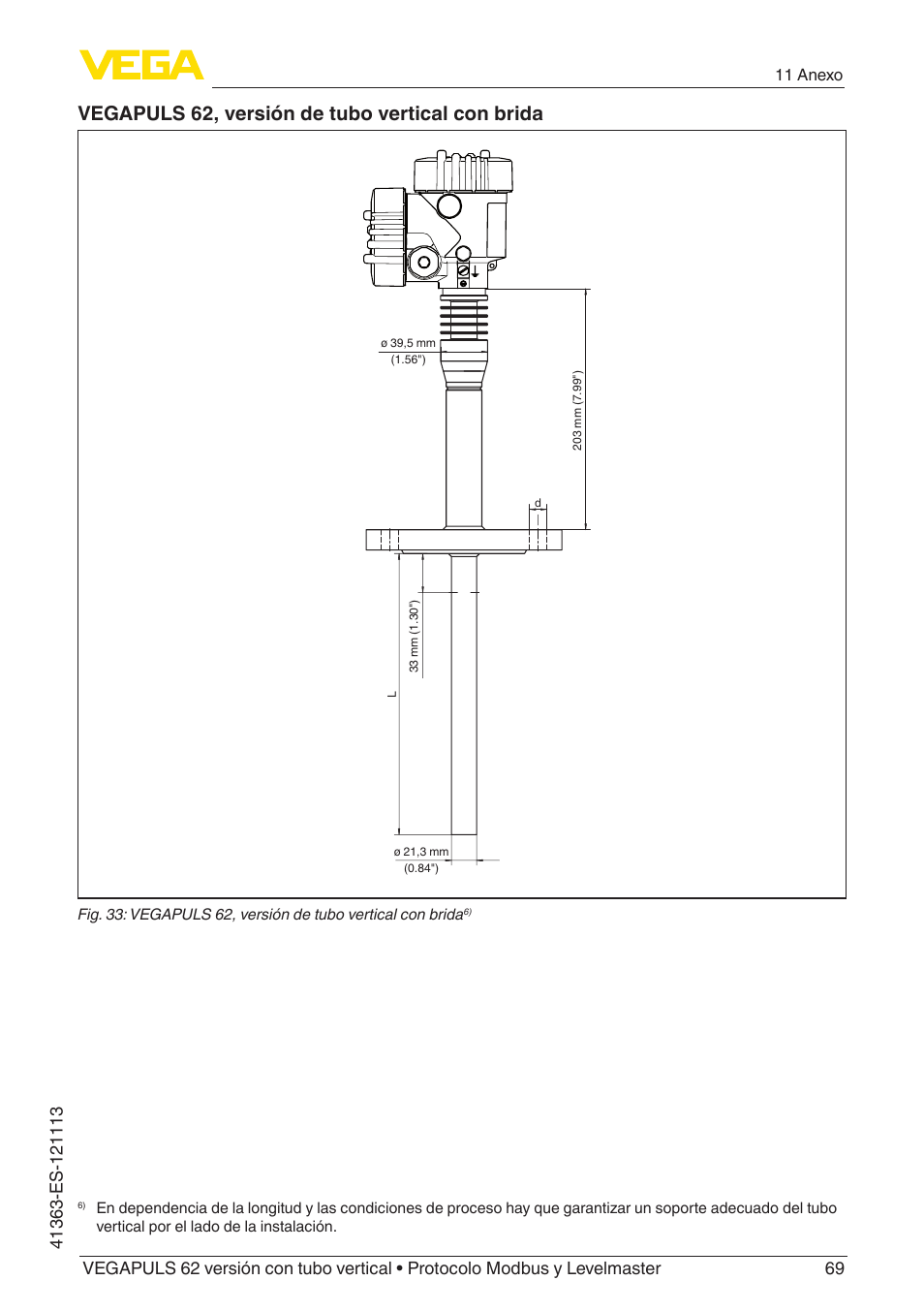 Vegapuls 62, versión de tubo vertical con brida | VEGA VEGAPULS 62 (≥ 2.0.0 - ≥ 4.0.0) standpipe ver. Modbus and Levelmaster protocol User Manual | Page 69 / 72