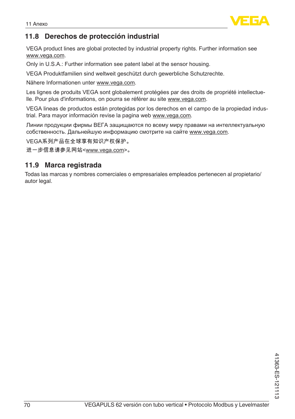 9 marca registrada, 8 derechos de protección industrial | VEGA VEGAPULS 62 (≥ 2.0.0 - ≥ 4.0.0) standpipe ver. Modbus and Levelmaster protocol User Manual | Page 70 / 72
